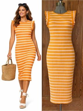 Zara Orange White Striped Ribbed Ruffle Sleeve Midi Tee Shirt Dress Size M 💚🍄